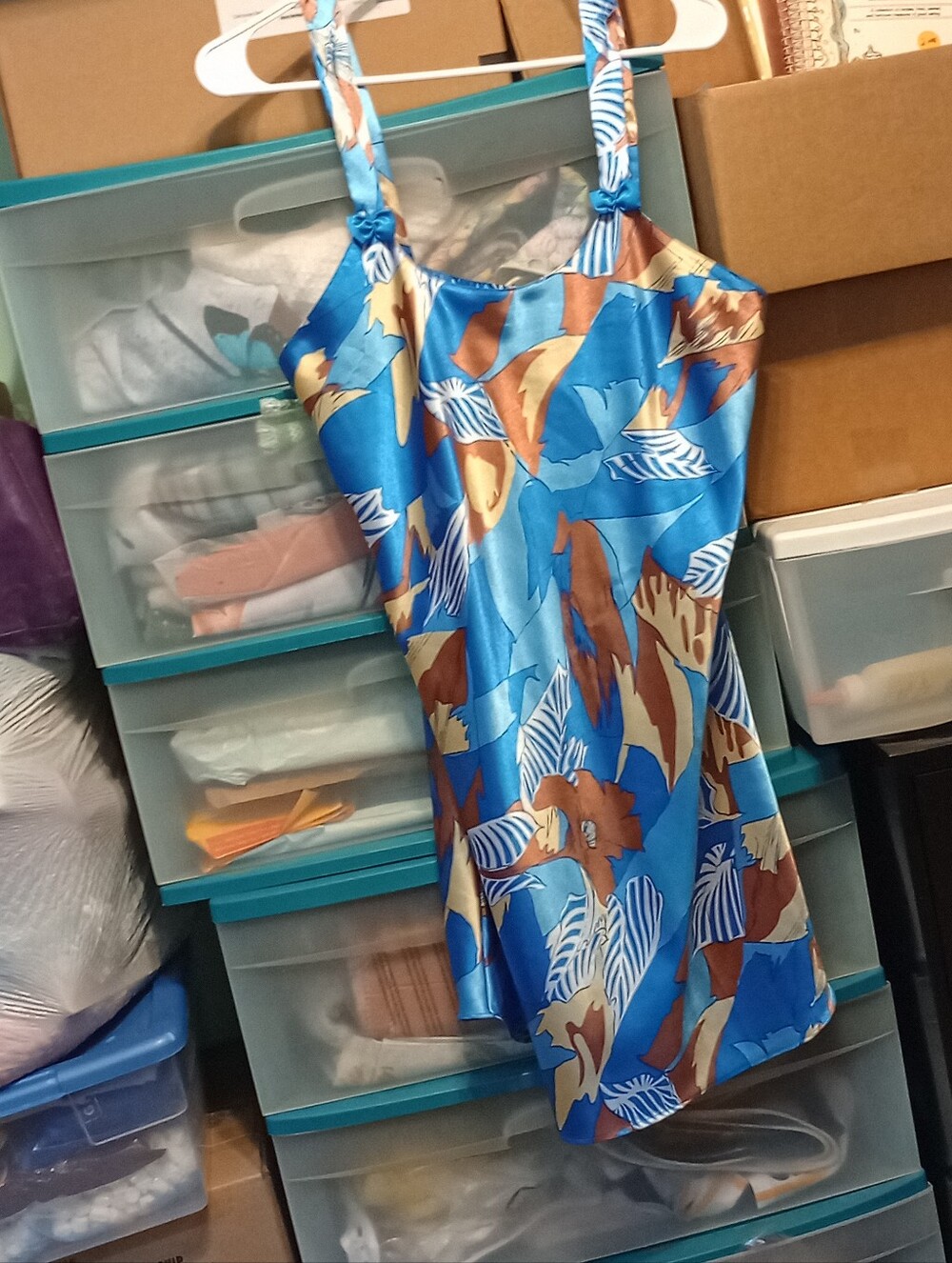 Tropical Blue Satin Robe And Night Gown with Brown & Cream Leaf Print
